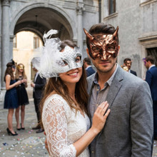 Bronze Horned Devil and White Feather Lace Couples Masquerade Mask - Bronze White