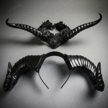Ornate Gothic Floral Long Demon Horn Men Women Masquerade Costume Mask Headpiece - Black