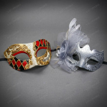 Harlequin Jester Music Note and Silver Feather Flower Women Masquerade Mask - Red Black Silver