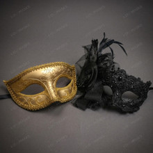 Venetian Glitter Filigree and Lace Flower Feather Couples Masquerade Mask - Gold Black