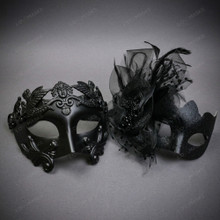 Roman Greek Emperor and Side Feather Veil Women Couples Masquerade Mask - Black