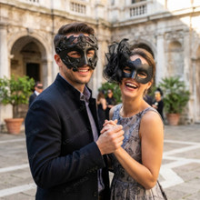 Roman Greek Emperor and Side Feather Veil Women Couples Masquerade Mask - Black