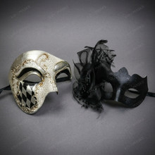Antique Harlequin and Floral Side Feather Lace Men and Women Masquerade Party Masks - Silver Black