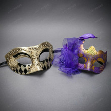 Elegant Harlequin Glitter And Purple Flower Women Men Masquerade Mask - Purple Gold Black
