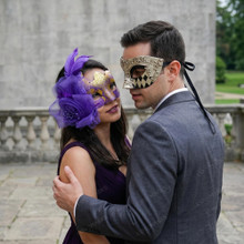 Elegant Harlequin Glitter And Purple Flower Women Men Masquerade Mask - Purple Gold Black