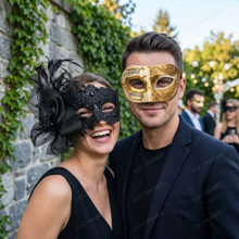 Elegant Vintage Musical Note and Black Lace Feather Masquerade Mask - Gold Black