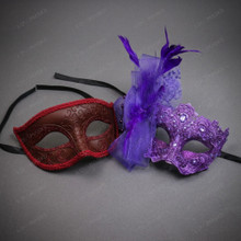 Venetian Glitter Lace Side Feather Trim Women Masquerade Eye Masks - Red and Purple