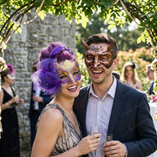 Roman Horned Devil And Purple Floral Glitter Couples Masquerade Mask - Bronze Purple