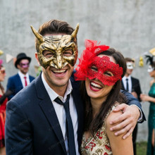 Mythical Horned and Intricate Red Lace Feather Couple Masquerade Masks - Gold Red