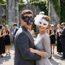 Gothic Skull And Elegant Feathered Glitter Lace Couple Masquerade Eyes Masks - Black White