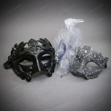 Roman Greek Emperor And Silver Glitter Feather Venetian Masquerade Mask - Black Silver