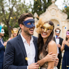 Elegant Venetian Glitter Tulle Feather Couple Men Women Masquerade Mask - Gold Navy Blue
