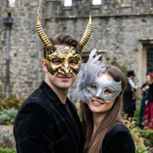 Horned Beast And Silver Floral Feather Women Men Couples Masquerade Mask - Gold Silver