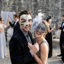 Venetian Harlequin And Lace Flower Feather Couple Masquerade Masks - Silver Black