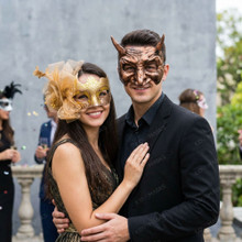Devil Horned And Glitter Mesh Side Flower Couples Masquerade Mask - Bronze Gold