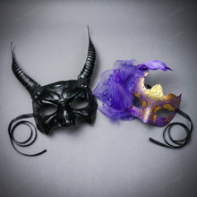 Horned Demon Men's And Purple Feather Mesh Women's Masquerade Mask - Black Purple Gold