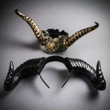 Gothic Ornate Large Horns Floral Mens Womens Headband Masquerade Mask - Black Gold
