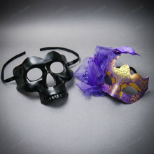 Gothic Skull and Elegant Feather Venetian Couples Masquerade Costume Mask - Purple Black Gold