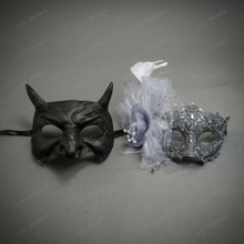 Horns Devil and Silver Flower Lace Couple Venetian Masquerade Masks - Black Silver