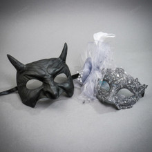 Horns Devil and Silver Flower Lace Couple Venetian Masquerade Masks - Black Silver