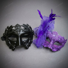 Imperial Roman Medusa and Elegant Lace Feather Women Men Masquerade Mask - Black Purple