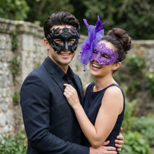 Imperial Roman Medusa and Elegant Lace Feather Women Men Masquerade Mask - Black Purple