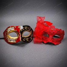 Elegant Venetian Music Note Lace Feather Couples Masquerade Mask - Red Black Gold