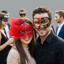 Elegant Venetian Music Note Lace Feather Couples Masquerade Mask - Red Black Gold