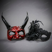 Gothic Horned Devil Men and Elegant Lace Flower Feather Women Masquerade Masks - Red Black