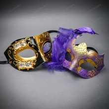 Venetian Music Note and Purple Feather Women Masquerade Eye Mask - Purple Black Gold