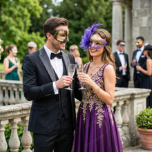 Venetian Music Note and Purple Feather Women Masquerade Eye Mask - Purple Black Gold