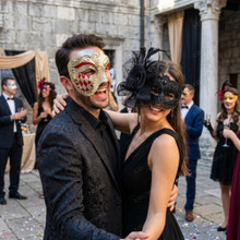 Venetian Harlequin Gold Red and Black Lace Feather Floral Couples Masquerade Mask - Multi