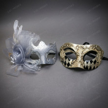 Venetian Elegant Feather Floral Harlequin Couples Masquerade Masks - Silver Gold Black