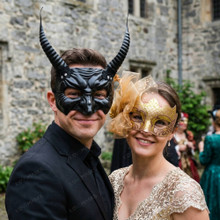 Horned Demon And Gold Glitter Flower Venetian Couple Masquerade Masks - Black Gold