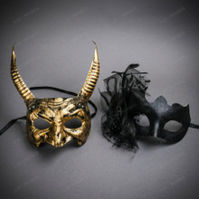 Mythical Horned Devil Satyr And Elegant Floral Lace Couples Masquerade Mask - Gold Black