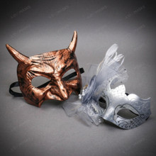 Textured Horned Bronze and Silver Feather Glitter Floral Couples Masquerade Mask - Bronze Silver