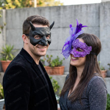 Horned Devil Beast And Elegant Purple Side Feather Lace Women Masquerade Masks - Black Purple