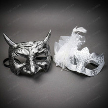 Ancient Roman Horned And White Feathered Filigree Couples Masquerade Mask - Silver White