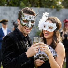 Ancient Roman Horned And White Feathered Filigree Couples Masquerade Mask - Silver White