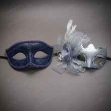 Venetian Elegant Feather Floral Glitter Men Women Couples Masquerade Mask - Navy Blue Silver
