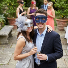 Venetian Elegant Feather Floral Glitter Men Women Couples Masquerade Mask - Navy Blue Silver