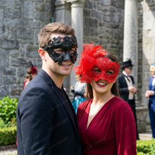 Roman Greek Sculpted and Elegant Lace Feather Couple Masquerade Venetian Masks - Black Red