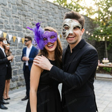 Venetian Phantom Harlequin and Purple Feather Lace Couples Masquerade Mask - Silver Purple