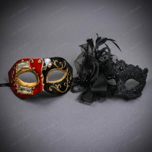 Venetian Music Note Scrollwork and Lace Feather Couples Masquerade Mask - Red Black Gold