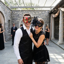 Venetian Music Note Scrollwork and Lace Feather Couples Masquerade Mask - Red Black Gold