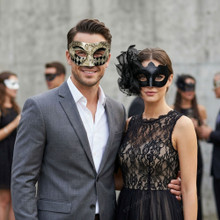 Venetian Harlequin and Side Flower Feather Couples Masquerade Mask - Gold Black