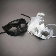 Elegant Venetian Glitter Feather Couples Men and Women Masquerade Eye Mask - Black White