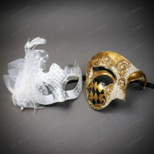Elegant Feather Harlequin Glitter Men Women Masquerade Masks - White Gold Black