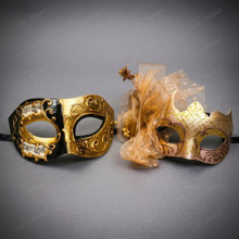 Venetian Music Note And Elegant Floral Side Decor Couples Masquerade Masks - Gold Black