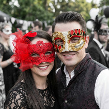 Venetian Harlequin Music and Red Lace Feather Couples Masquerade Mask - Red Gold Black